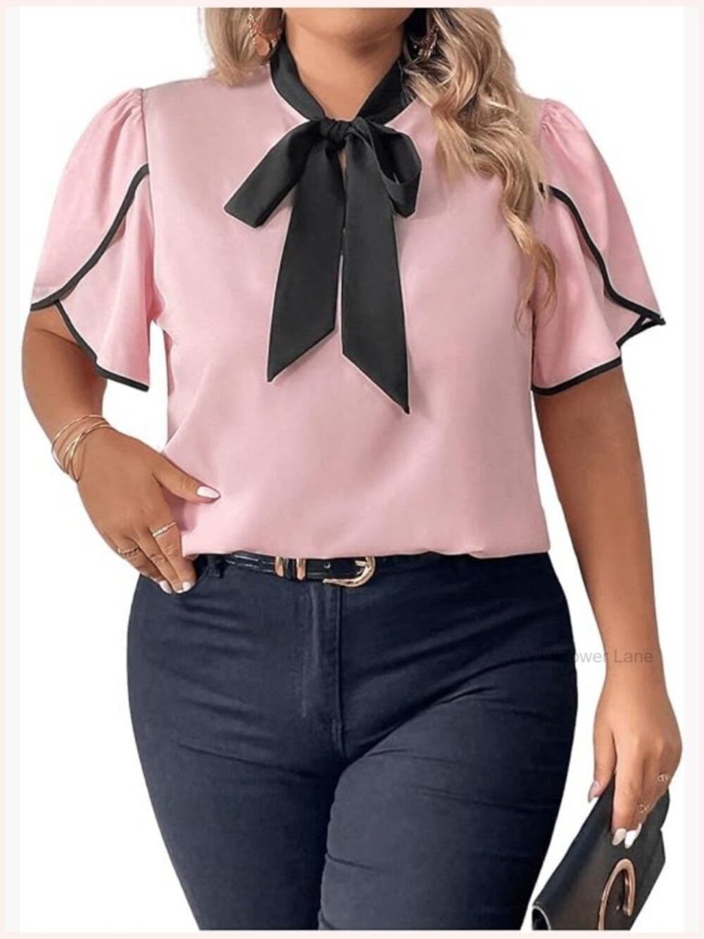 Plus Size Office Blouse Bow Tie Neck Petal Sleeve Business Casual Top